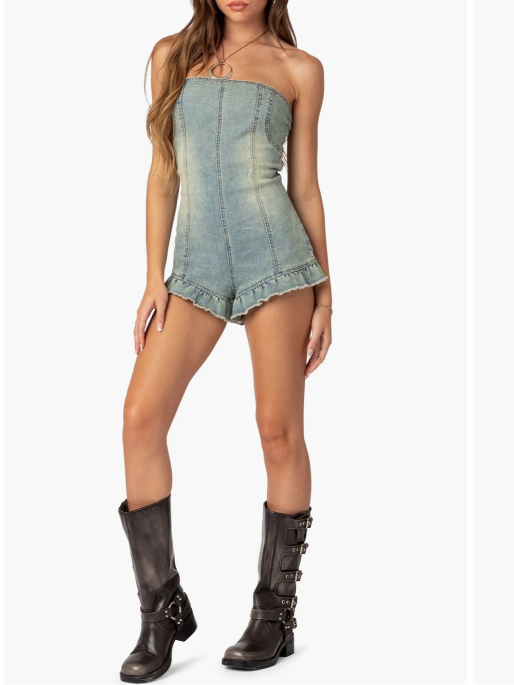 edikted Winnie Washed Denim Romper Size M